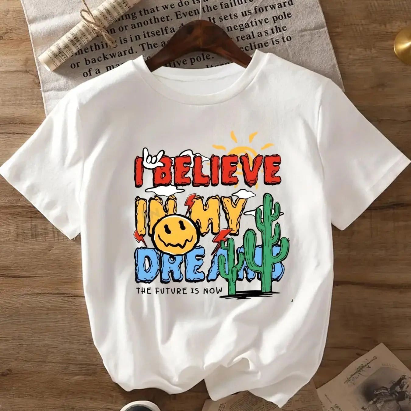 Women's Cartoon Face & Letter Print Round Neck Tee, Fashion Casual Crew Neck Short Sleeve T-Shirt for Daily Outdoor Wear, Women's Clothing for Spring Fall