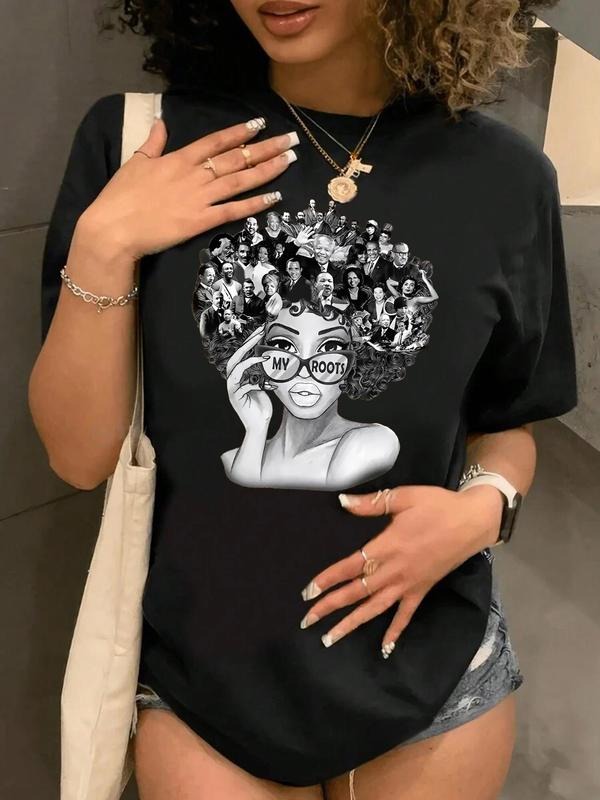 Women's Cartoon Figure & Letter Print Drop Shoulder Tee, Fashion Casual Crew Neck T-Shirt for Daily Holiday Vacation Outdoor Wear, Ladies Clothes for All Seasons