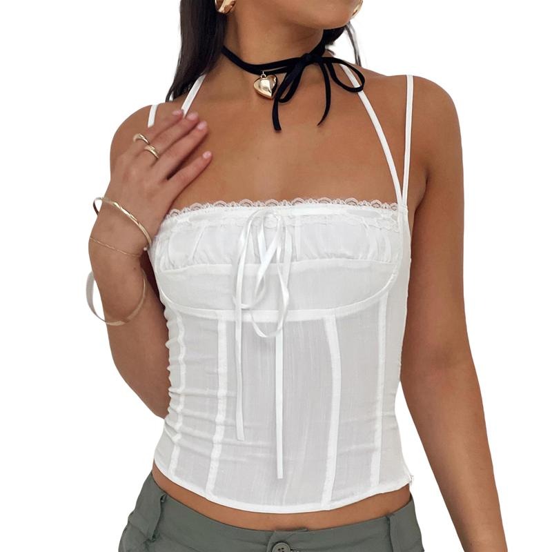Women's Crop Camisole Slim Lace Trim Tie-Up Halter Neck Backless Spaghetti Strap Tops for Summer Sleeveless Lady