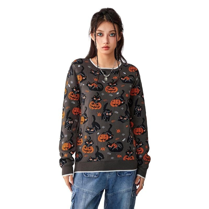 Women's Halloween Sweaters Cute Cartoon Print Long Sleeve Round Neck Pullover Casual Knit Tops Womenswear Comfy