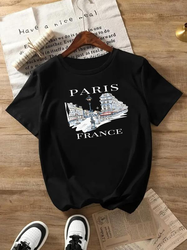 Women's Landscape & Letter Print Round Neck Tee, Casual Short Sleeve Crew Neck T-shirt for Daily Wear, Ladies Clothes for All Seasons