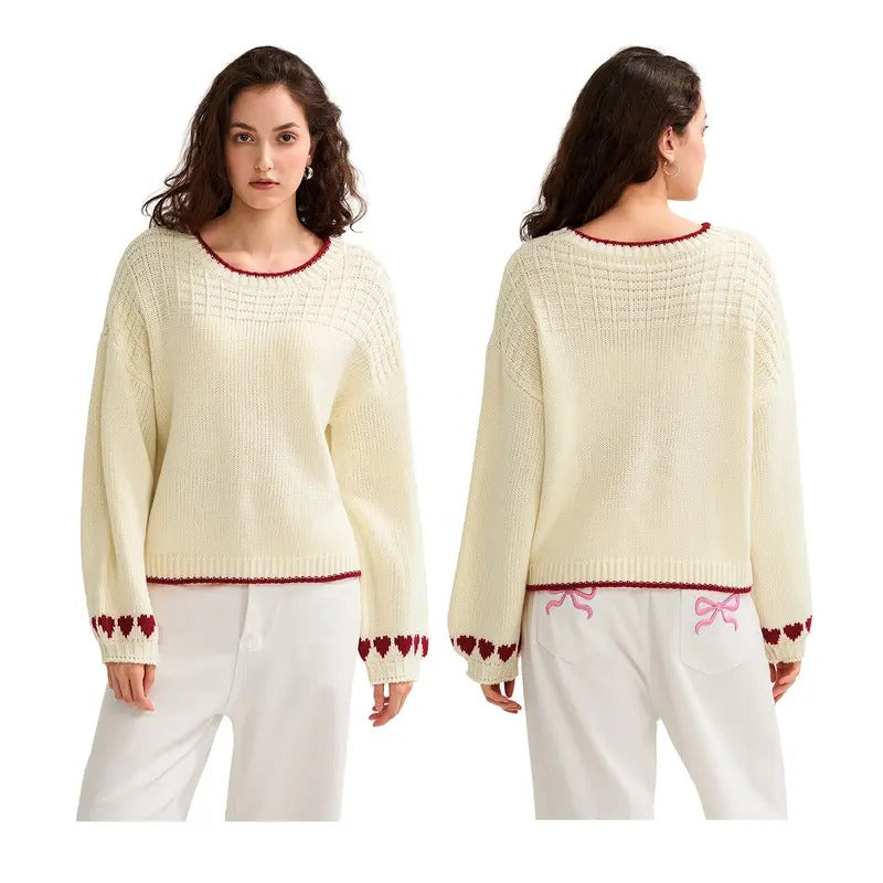 Women's Spring Autumn Knit Sweater Long Sleeve O Neck Heart Print Loose Knitwear