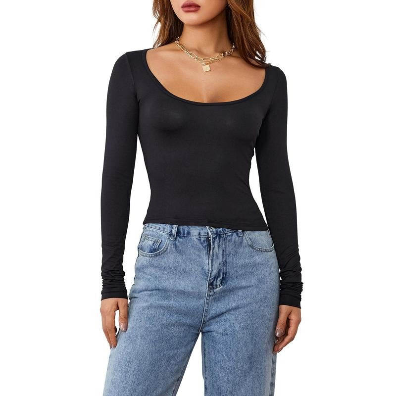 Women'sFit Yoga Tops Long Sleeve Scoop Neck Solid Color Stretchy T-Shirt Workout Tops