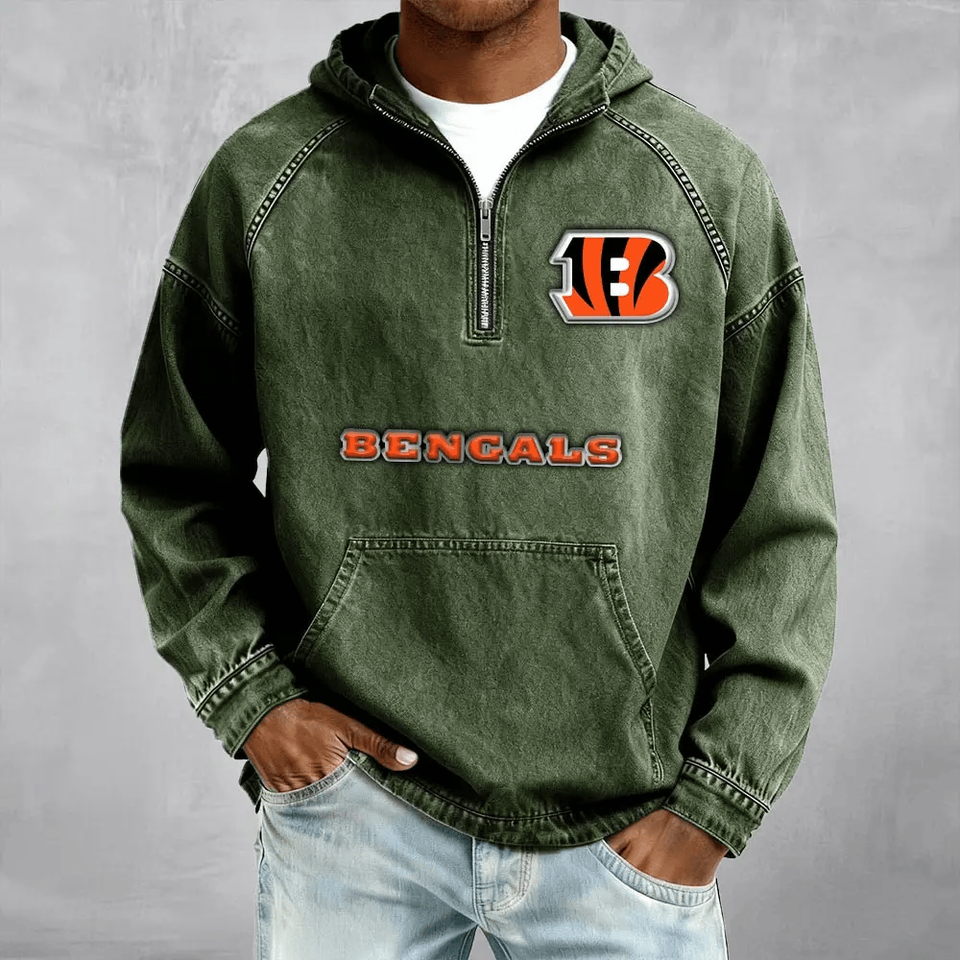 Cincinnati Bengals Men's Half-Zip Denim Hoodie For Fan