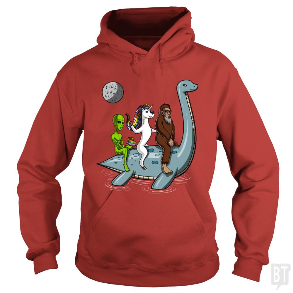 Alien Unicorn Bigfoot Ridding Loch Ness Hoodie