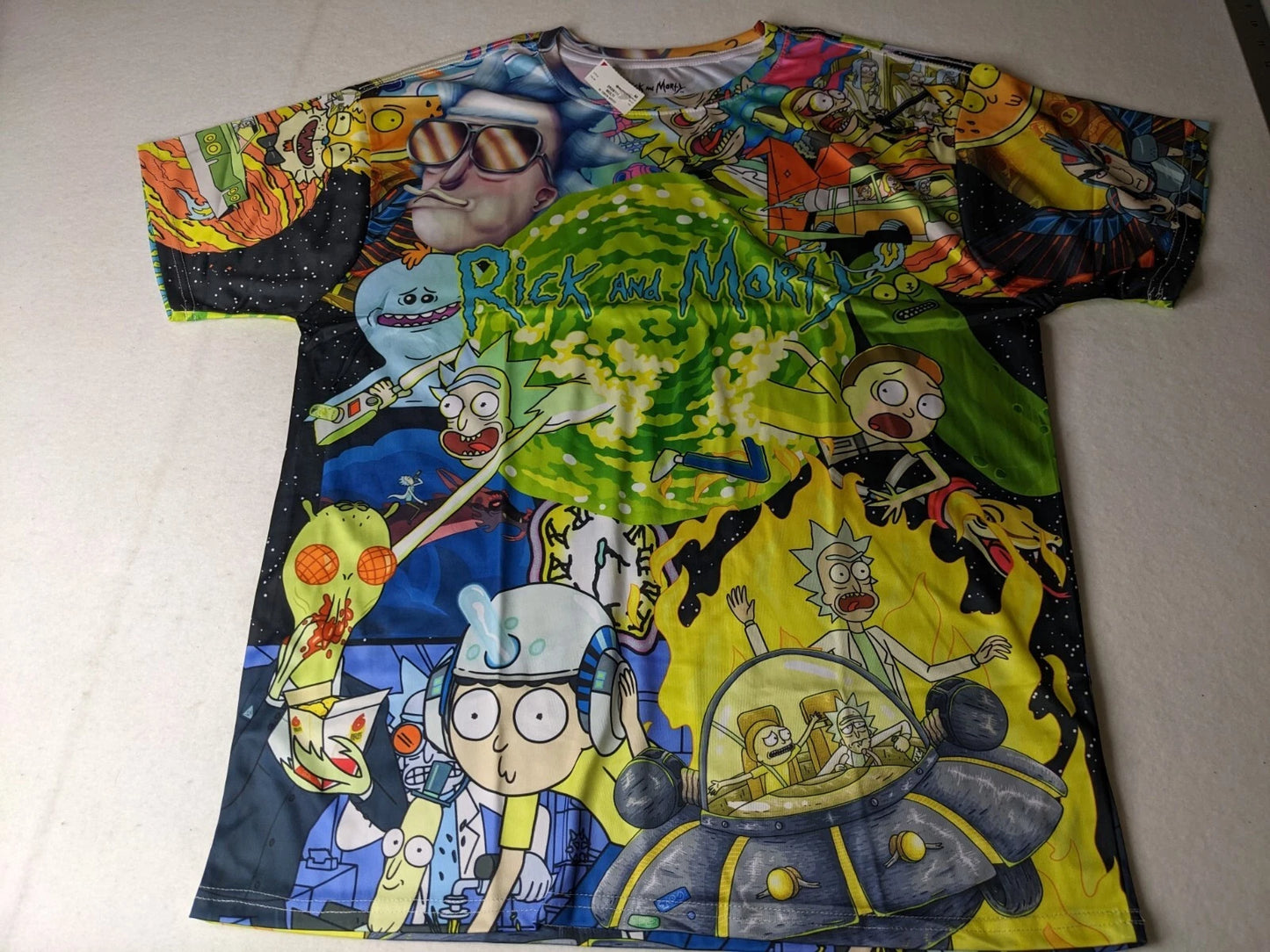 Rick & Morty shirt Mens Large All Over Print colorful fun lightweight breathable
