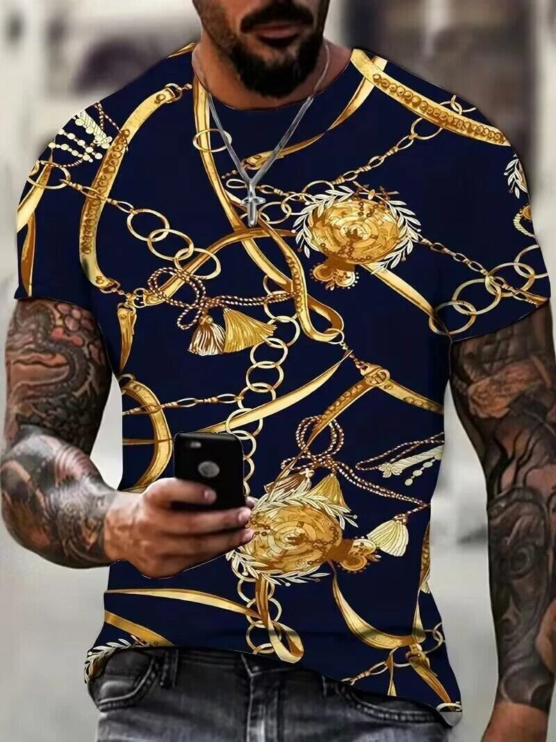T-Shirt Baroque Golden Gold Chain Black Novelty Fashion Fancy Short Sleeve Party