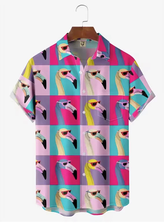 Mens Button Down Shirts Funny Flamingo Printed Hawaiian Tops Novelty Ugly Gag