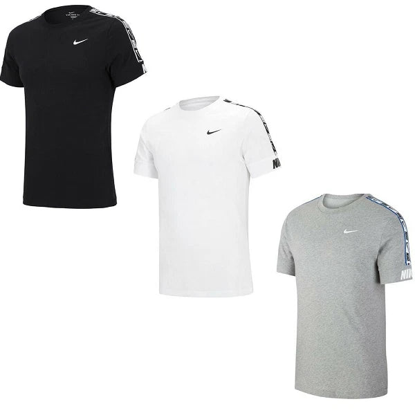 Mens Nike T Shirt Repeat Crew Neck Cotton Tape Sleeve Retro Black White Grey