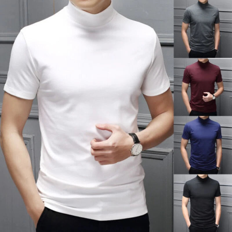 Men Short Sleeve Slim Fit Stretch T-shirt Mock Neck Turtleneck Pullover Tops