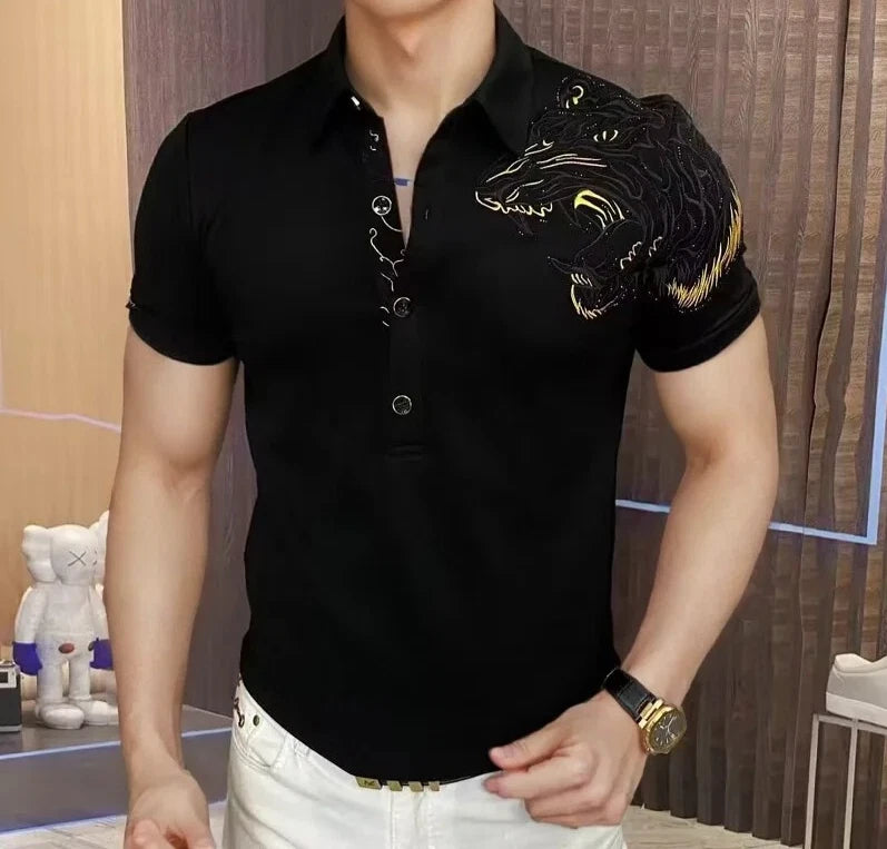 New Men Luxury Diamond Wolf Rhinestones Fashion Black Polo T-Shirt High Quality