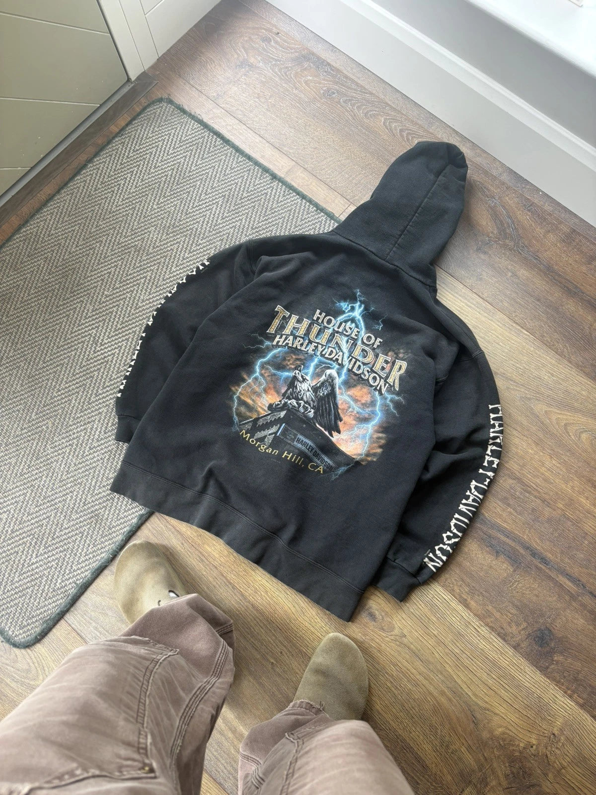 Vintage Hoodie Sweat Shirt HARLEY DAVIDSON Blue Flame Sleeves Lightning USA Y2K