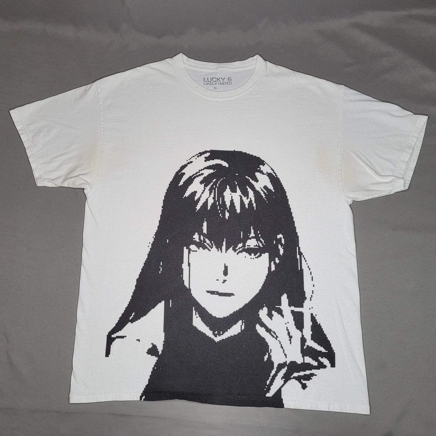 Lucky 6 Likely Hated Shirt Mens XL White Anime Girl Pixel Art Manga Graphic Tee