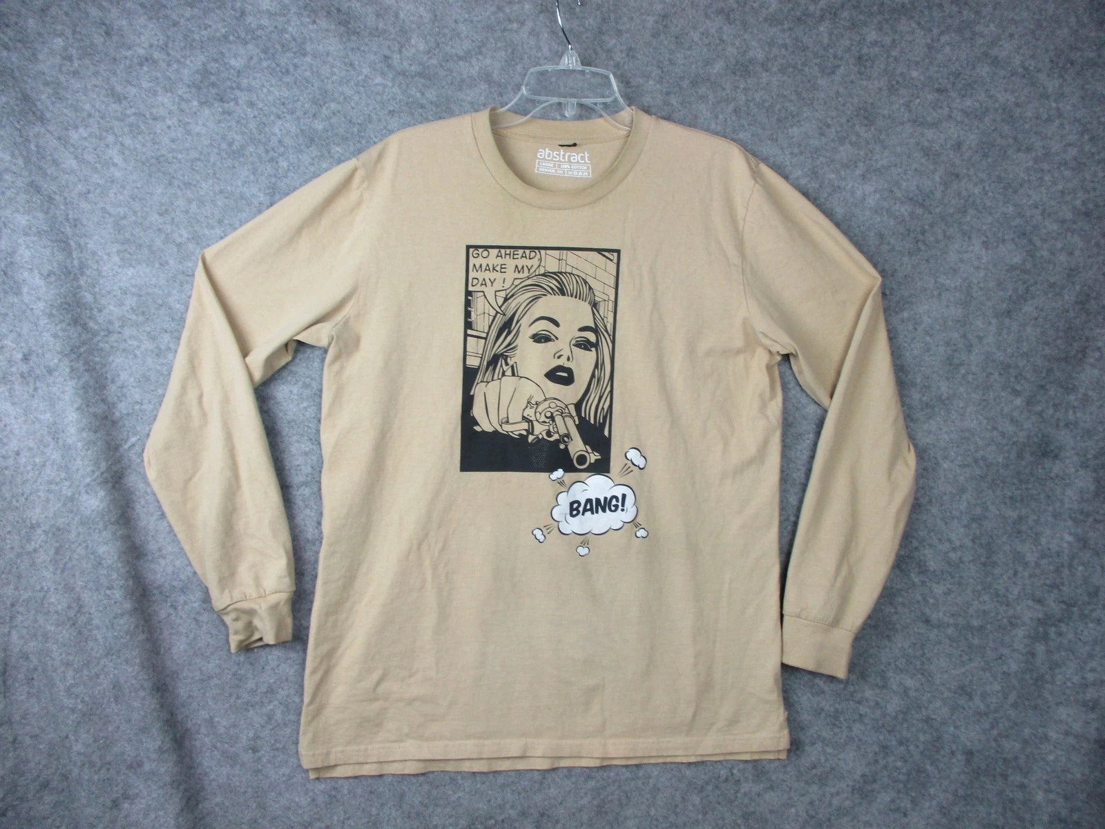 Abstract Shirt Mens Large Beige Long Sleeve Graphic Comic Pop Art Bang Tee