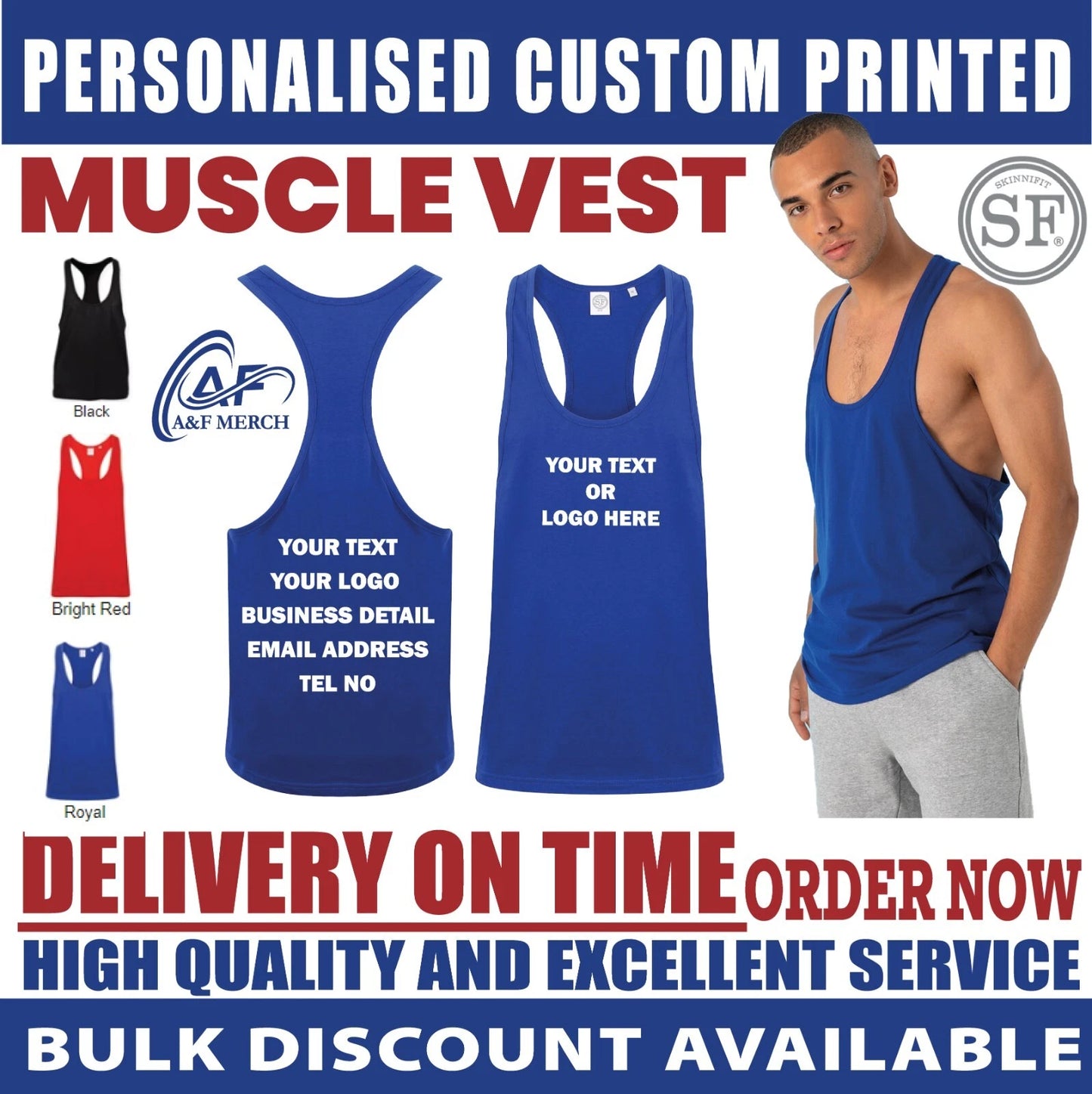 Personalised Custom SKINNIFIT Muscle vest Text Logo Plain Tank Gym Sports SF236