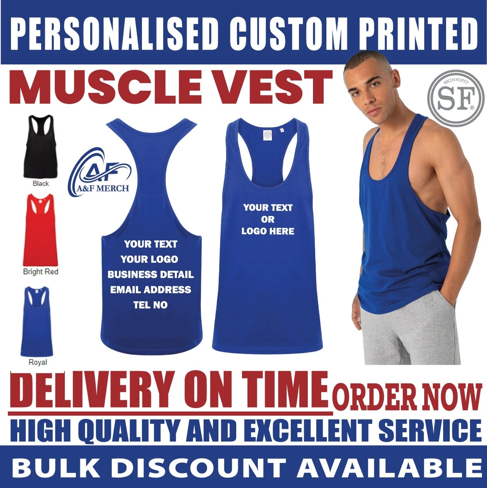 Personalised Custom SKINNIFIT Muscle vest Text Logo Plain Tank Gym Sports SF236