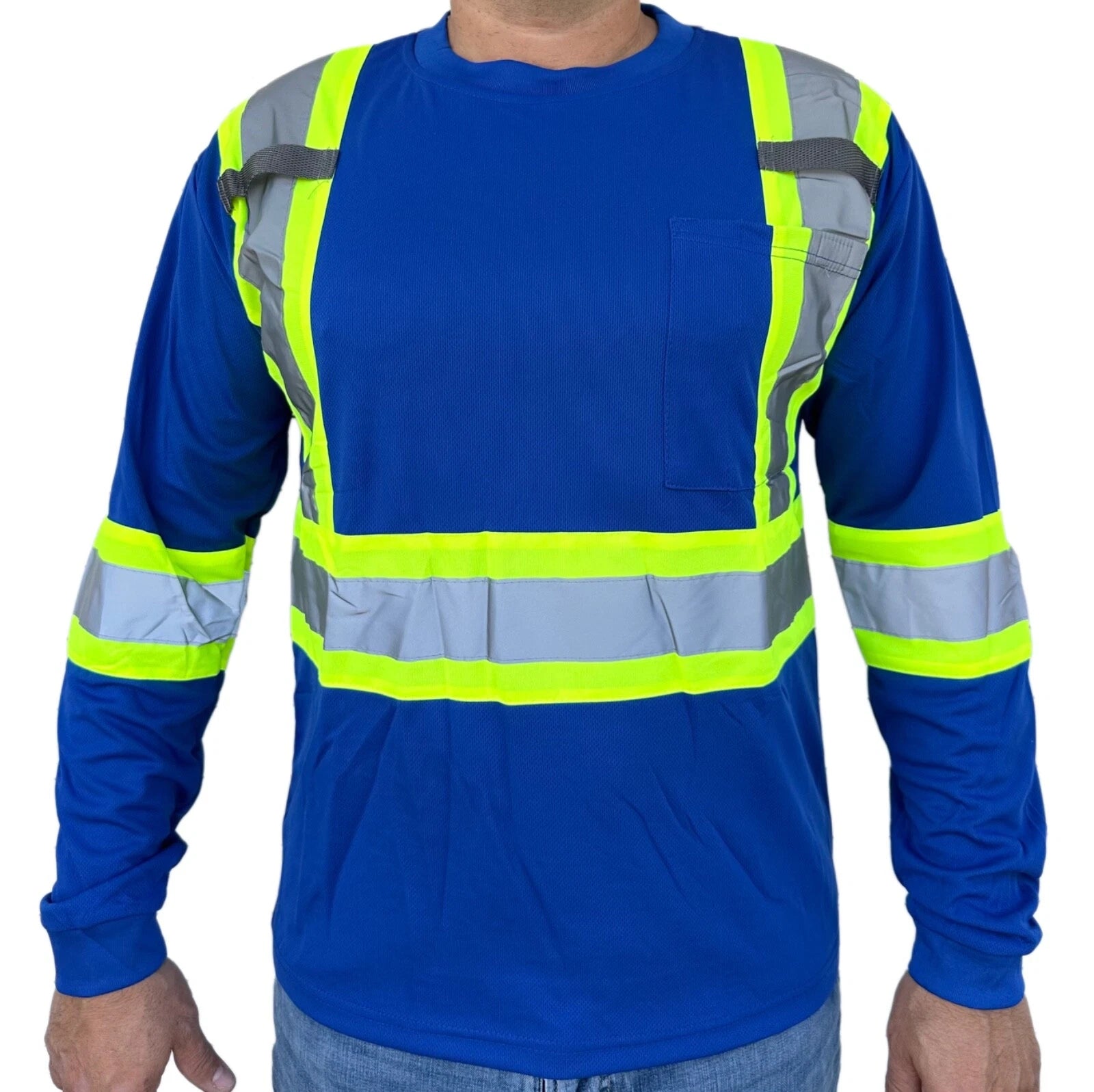 Blue Safety Shirt With Two Tones Stripes , Long Sleeve
