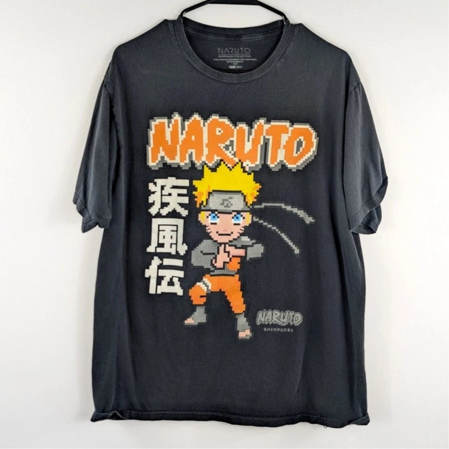 Naruto Shippuden Large Graphic T Shirt Anime Pixel Art Gray Cotton Licensed