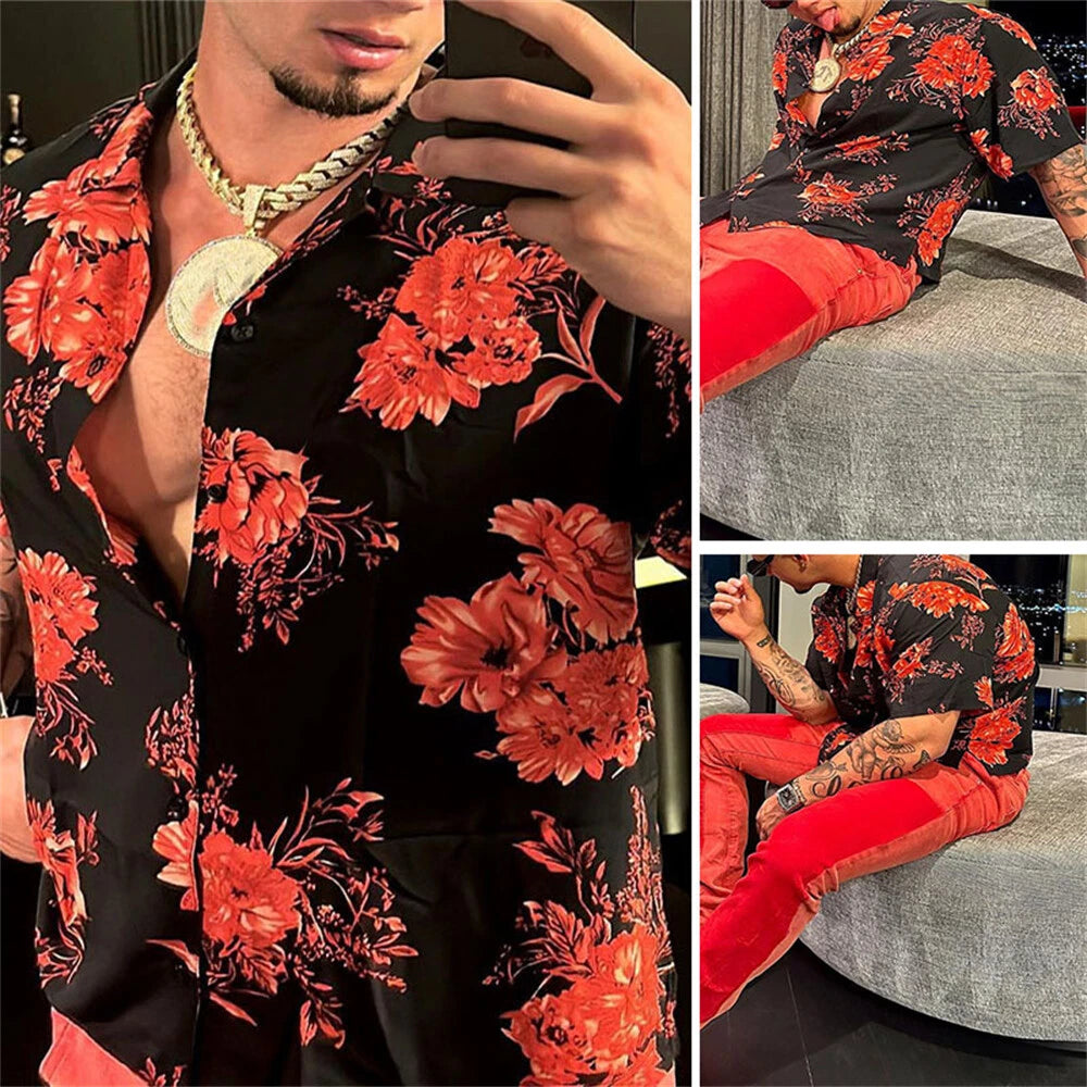 Men's Floral Shirt Casual Slim Shirts Short Sleeve Button Down Tops Blouse