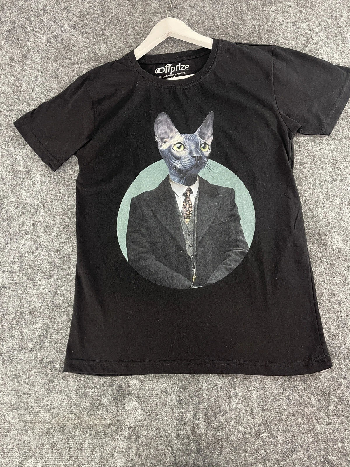 Off Prize Shirt Mens Large Tee Cat Print Black Slim Fit Cartoon Mafia Boss N121
