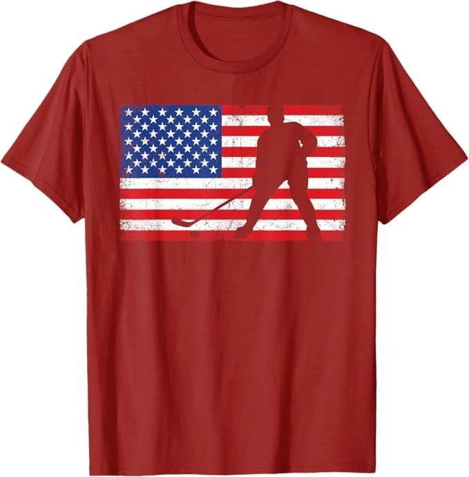 Red White Blue USA Flag Ice Hockey Player 4th of July T-Shirt
