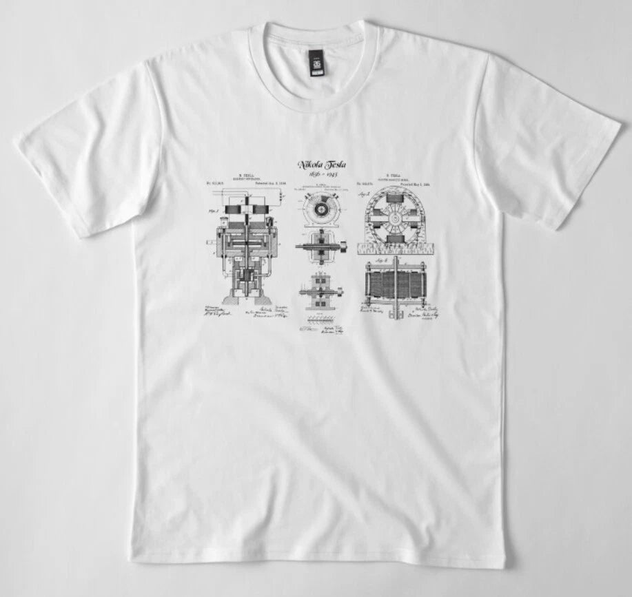 Nikola Tesla Electric Generator Blueprint T shirt - %100 Premium Cotton