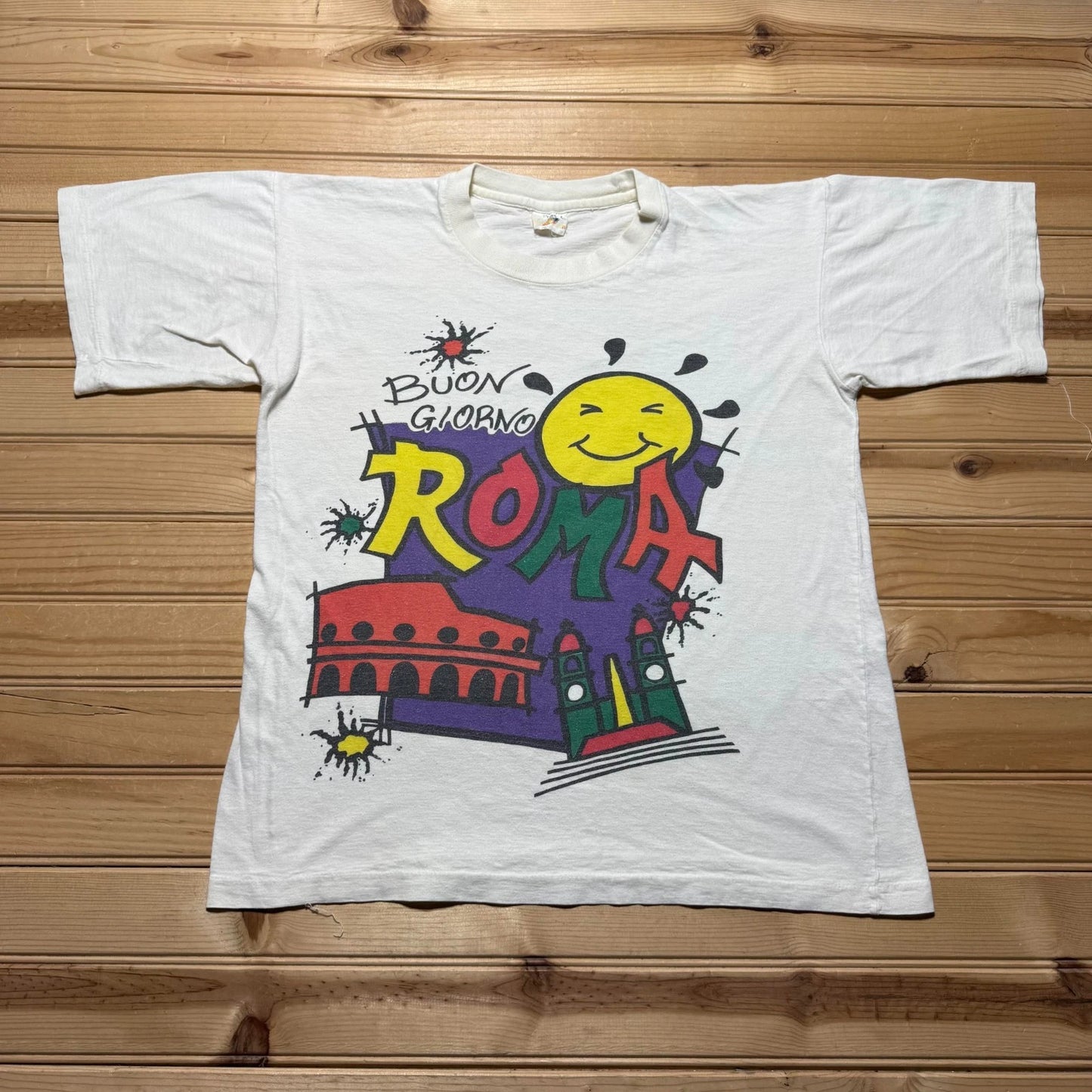 Vintage 90s Buon Giorno Roma Italy Pop Art Single Stitch Souvenir Shirt - Medium