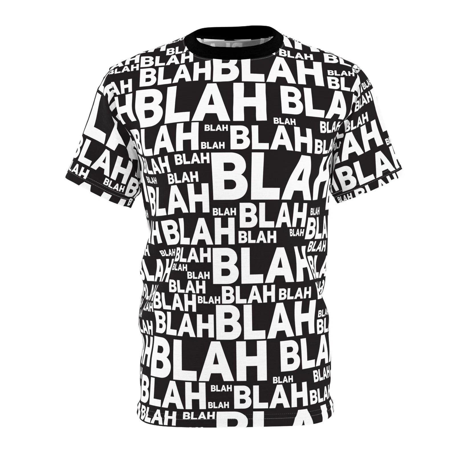 All-Over Print "BLAH BLAH BLAH" Graphic Tee Bold Black & White Statement T-Shirt