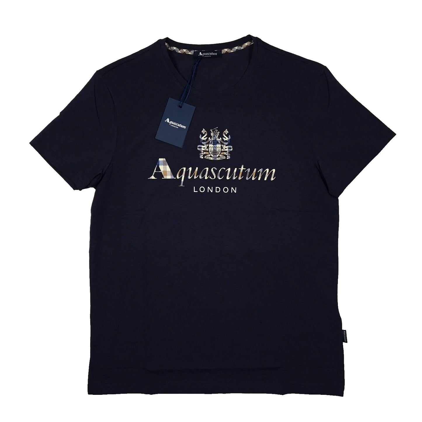 Aquascutum XL Navy Blue Signature Check Logo T-shirt Men's Crew Neck Slim Fit
