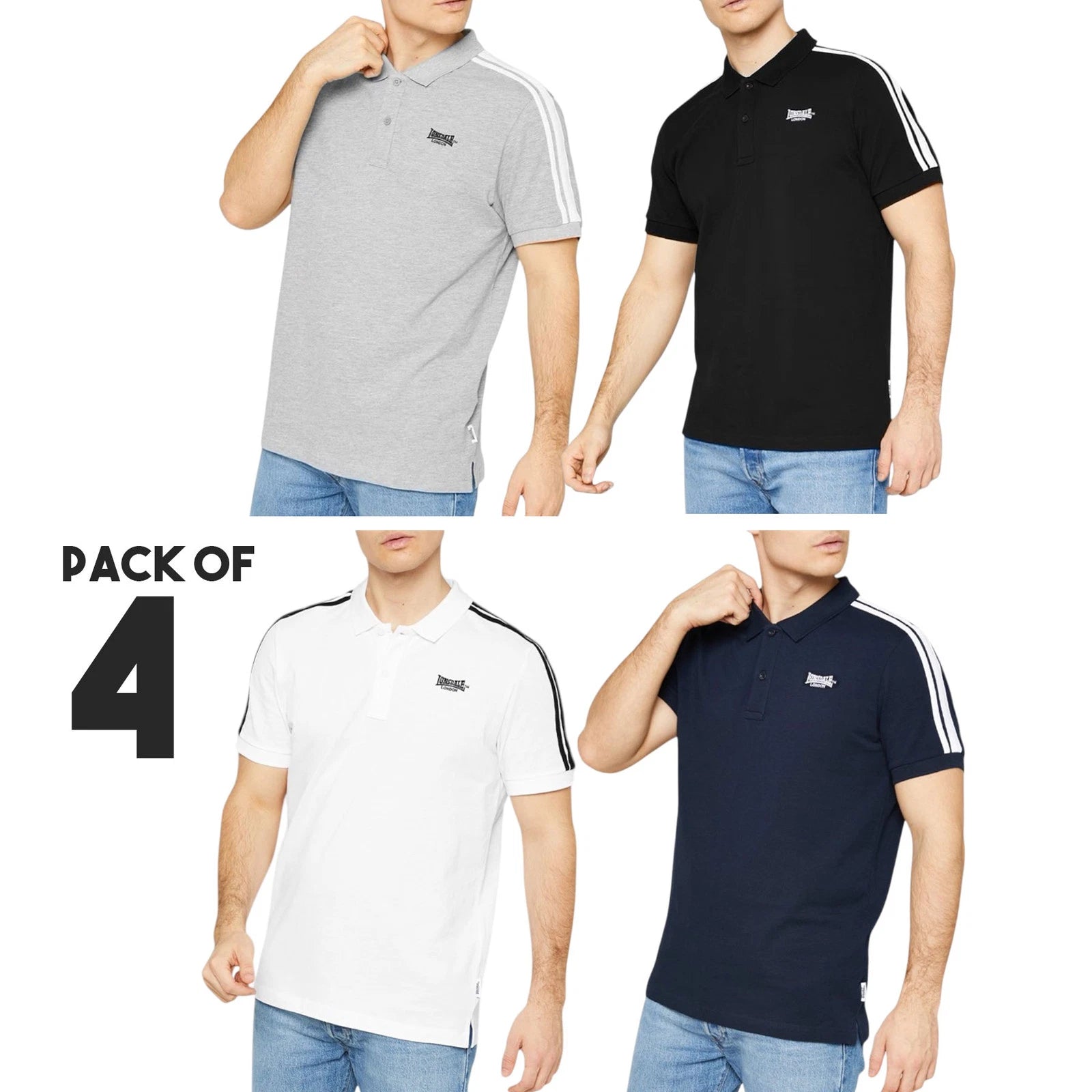 Lonsdale Mens Polo Shirt 4 Pack Regular Fit Soft Stretch Cotton Piqué Polo Shirt