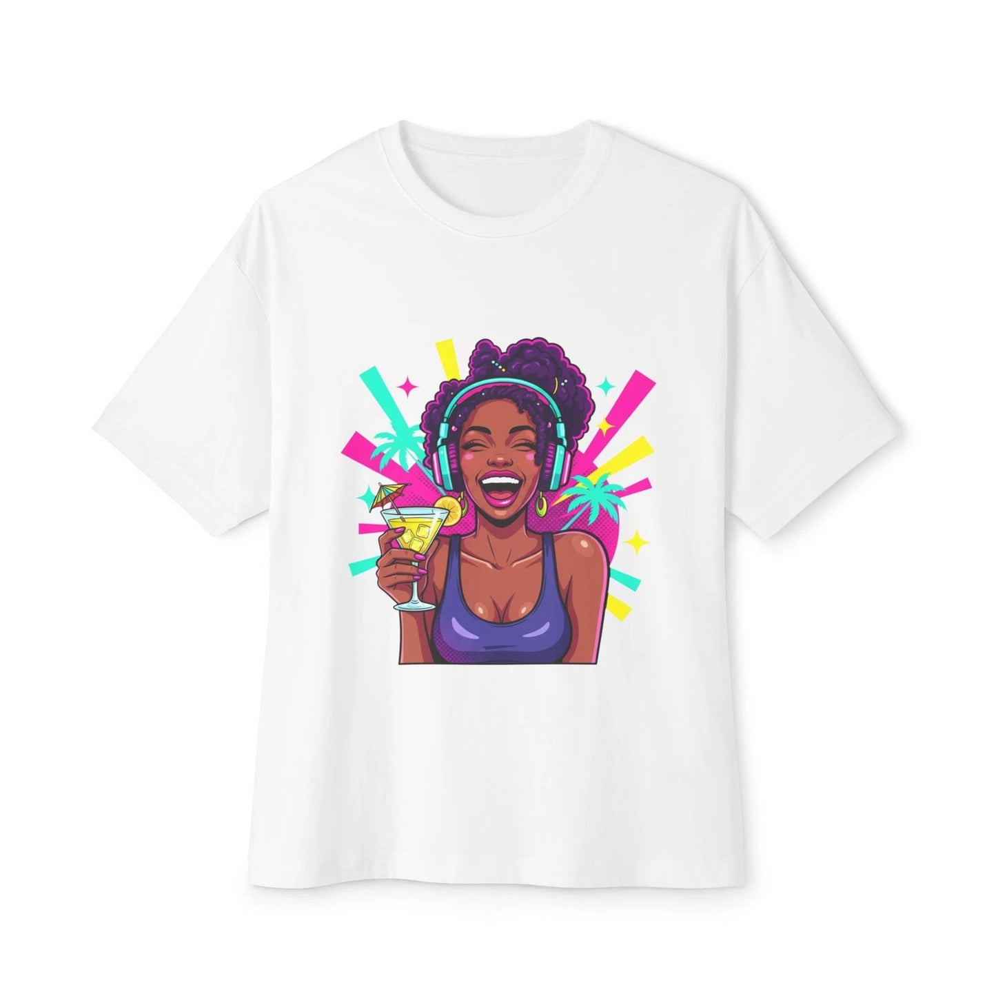 Smiling Woman with Drink Tee | Colorful Pop Art Illustration