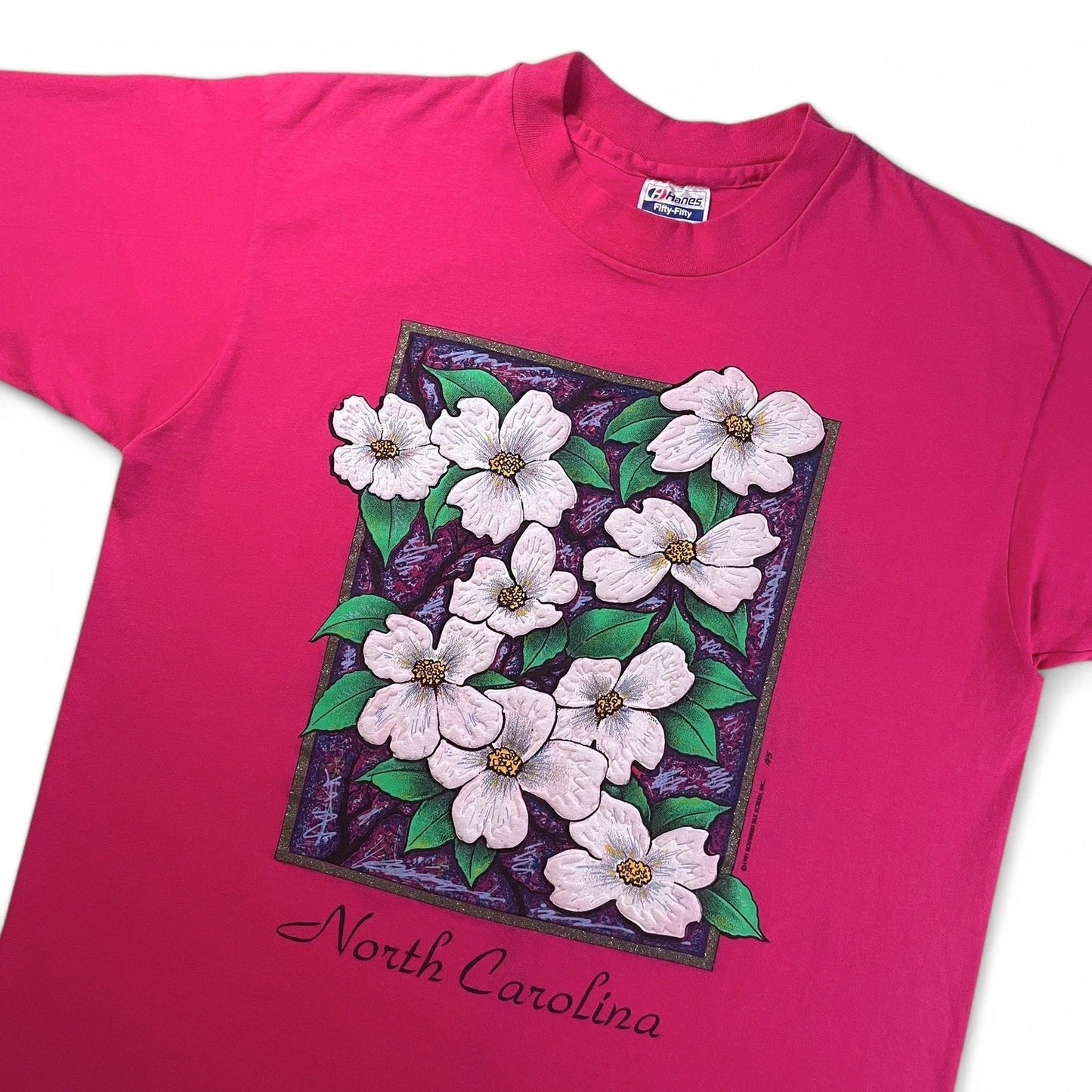 Vtg 90s North Carolina Dogwood Flowers Art T-Shirt 1991 Pink Single Stitch Large