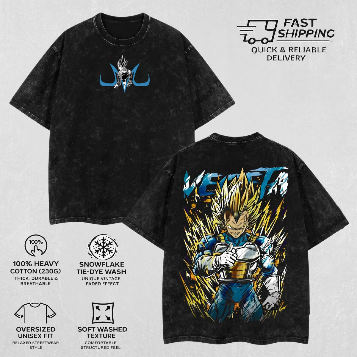 Retro Vintage Vegeta Acid Washed T-shirt Graphic Tee Anime Dragon Ball Z Top Men