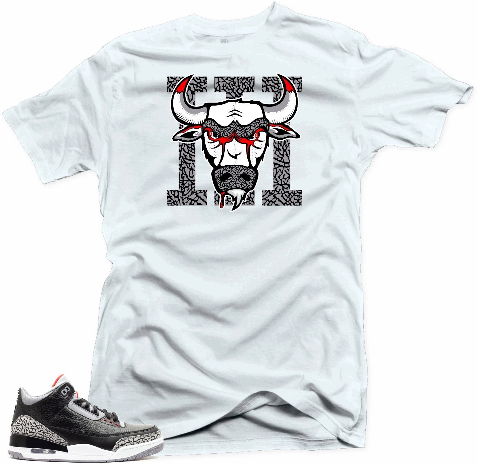 Shirt to Match Air Jordan 3 Black Cement Sneakers.Bull 3 White Tee