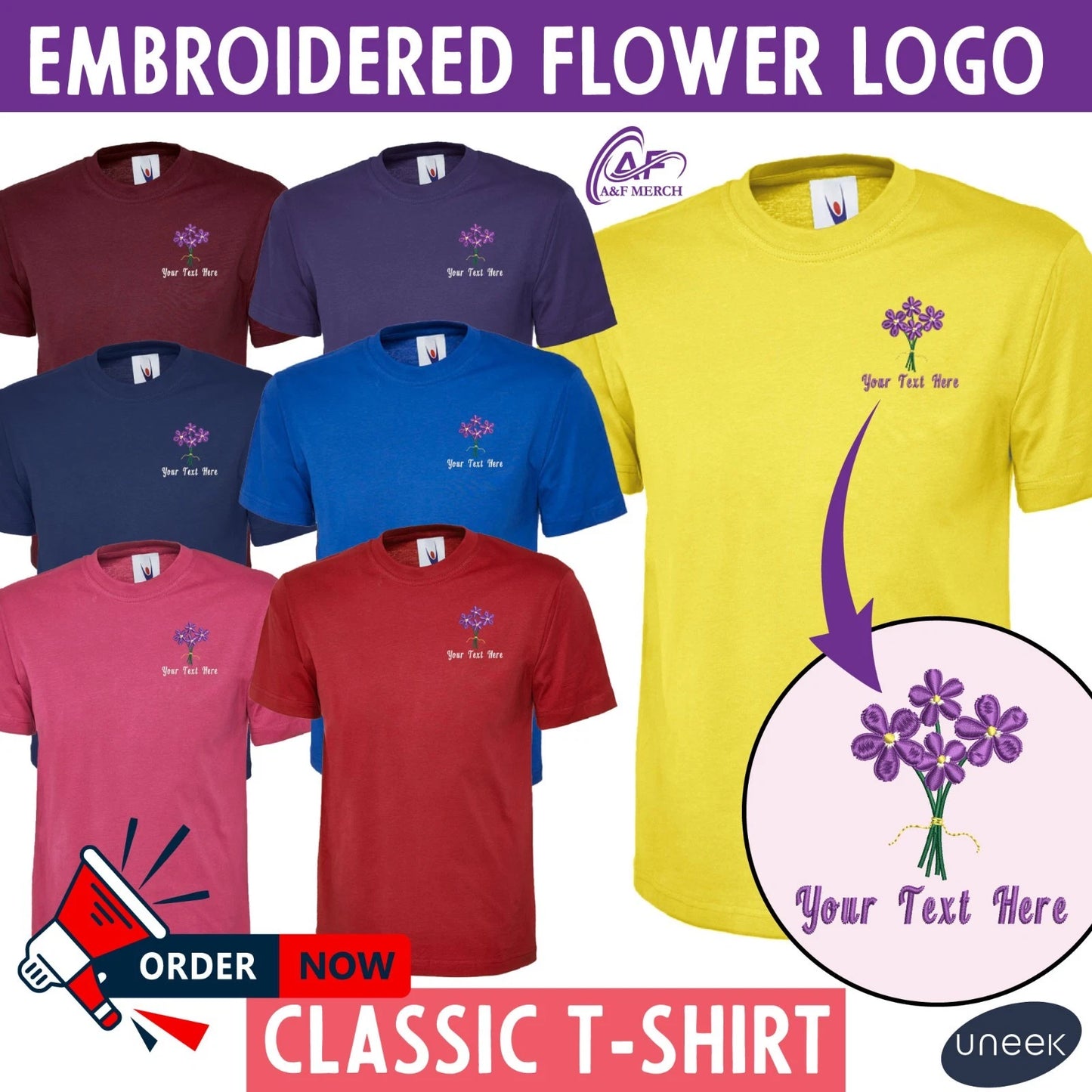 Personalised Embroidered Boho Floral T-Shirt Purple Flower Logo Workwear Gift
