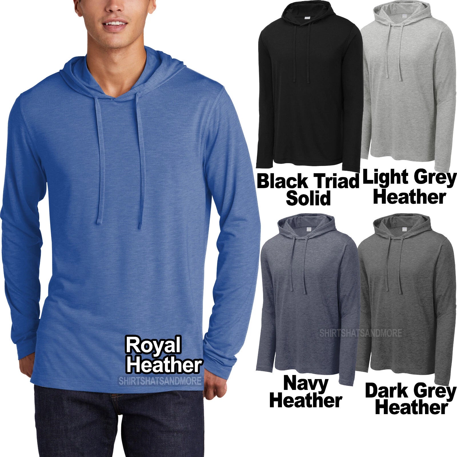 Mens Super Soft Long Sleeve Tri Blend Hoodie T-Shirt Moisture Wicking Tee XS-4XL