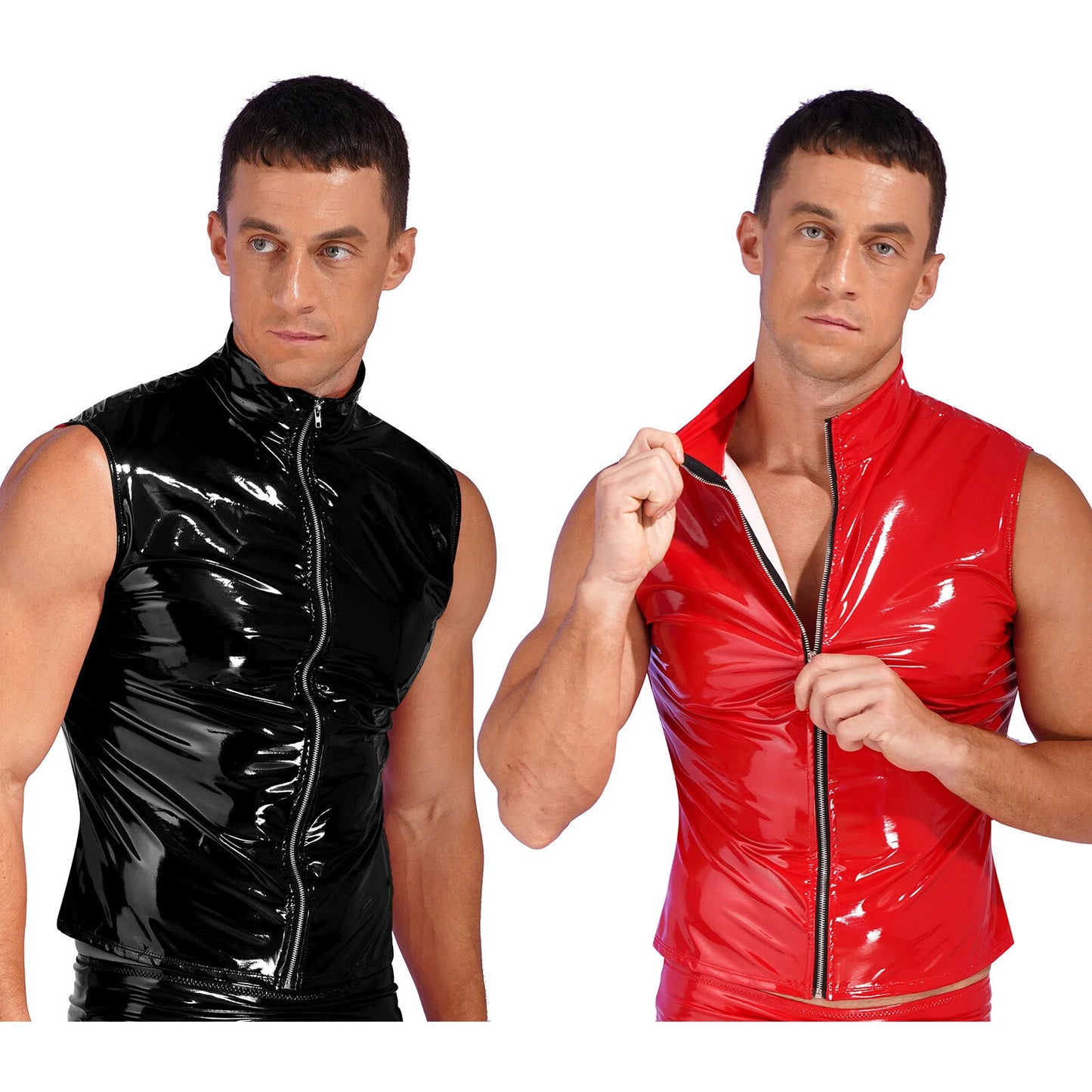 Men's Faux Leather Wet Look Tank Top Zipper Front Vest Slim Fit Jacket Clubwear