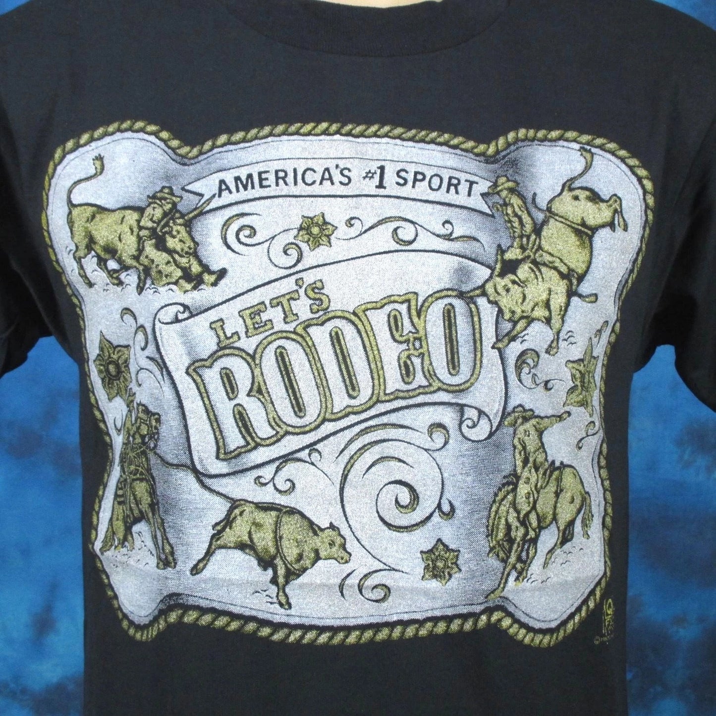 vtg 80s COWBOY LET’S RODEO single stitch T-Shirt SMALL horse bull belt buckle