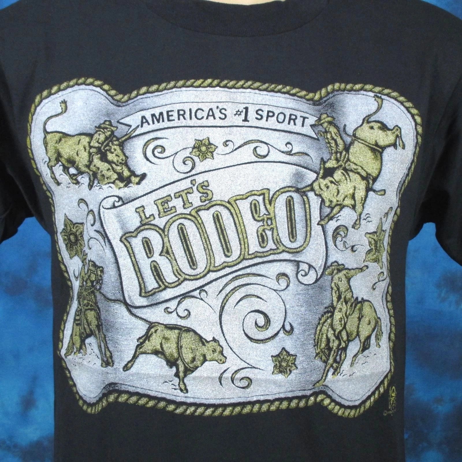 vtg 80s COWBOY LET’S RODEO single stitch T-Shirt SMALL horse bull belt buckle