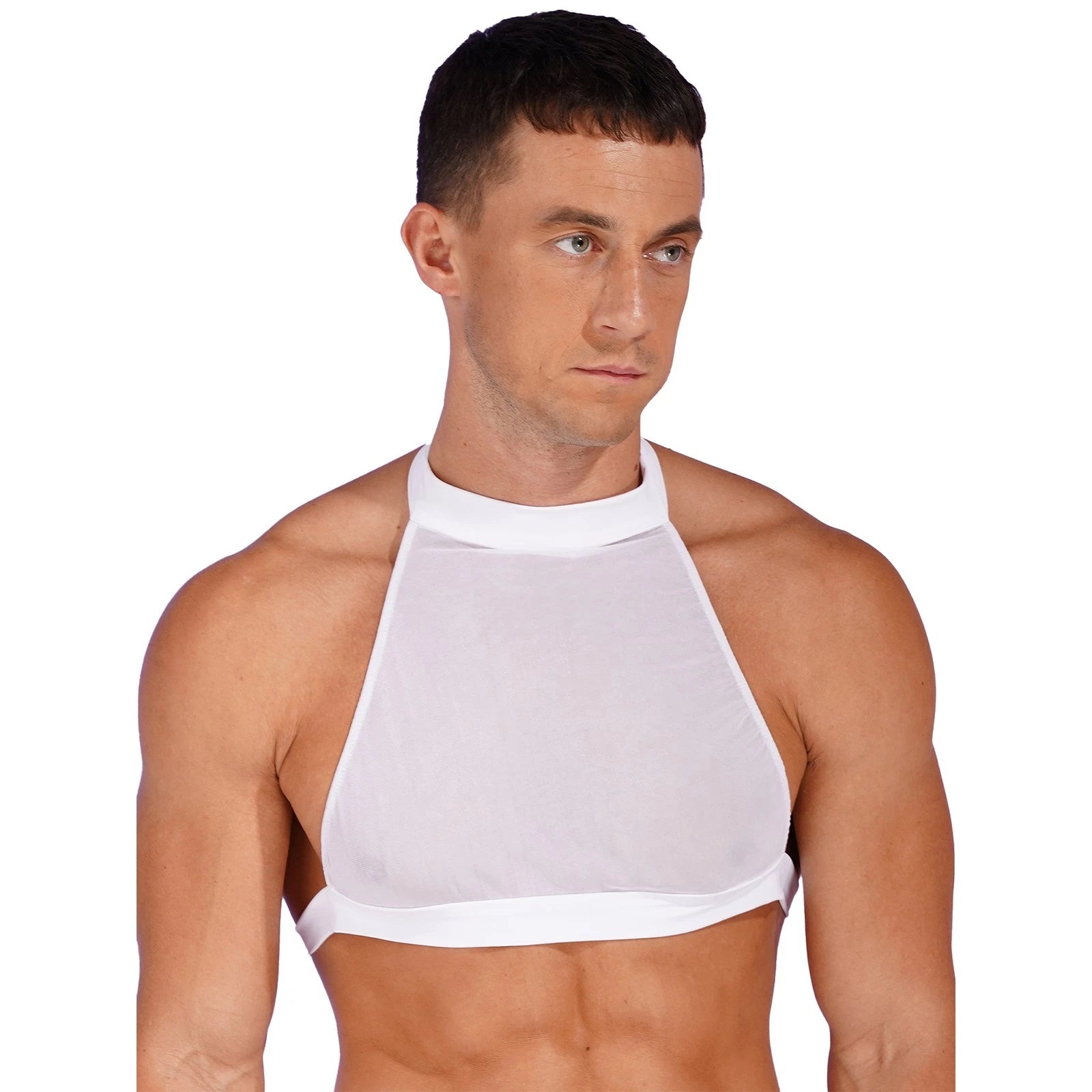 Mens Shirts Solid Color Crop Tops Sheer Tank Vest Sports Backless Nightwear