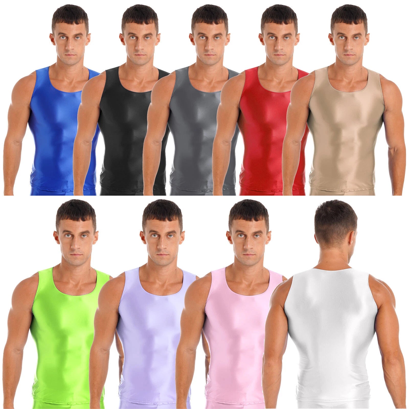 Mens Smooth Glossy Tank Top Vest Stretchy T-Shirts Fitness Training Sportswear