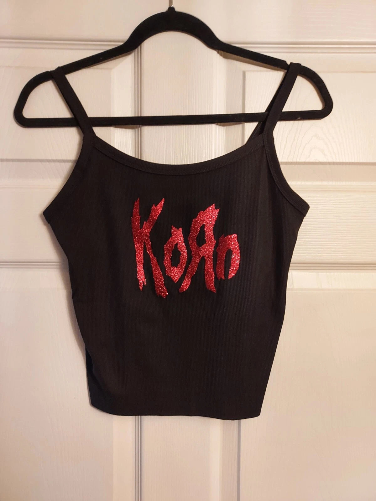 Korn crop top korn Shirt korn tank top red glitter vinyl  Ribbed Tank Hand Cropp