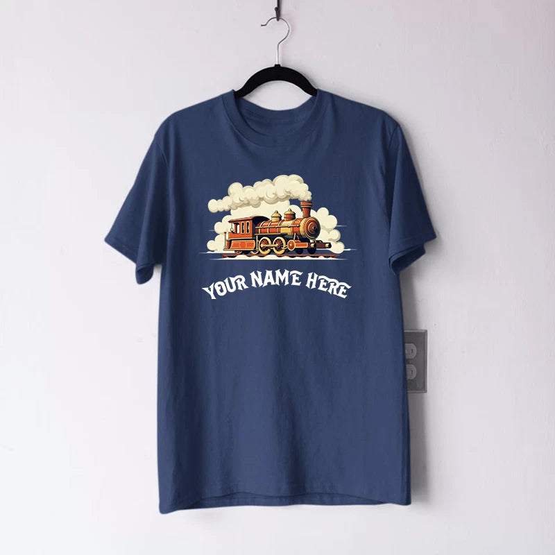 Personalised Custom Name Steam Train T-Shirt Vintage Locomotive Railway Gift
