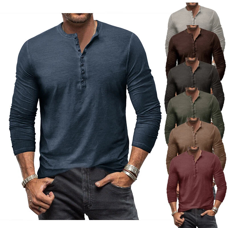 Men's Cotton Henley Shirt Retro Long Sleeve T-shirt Button Wash V-neck Tops