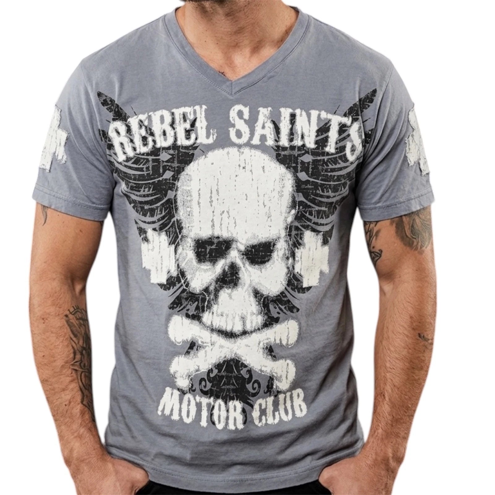 REBEL SAINTS by AFFLICTION Silver GRAFFITI Short Sleeve Slim Fit Mens T-shirt