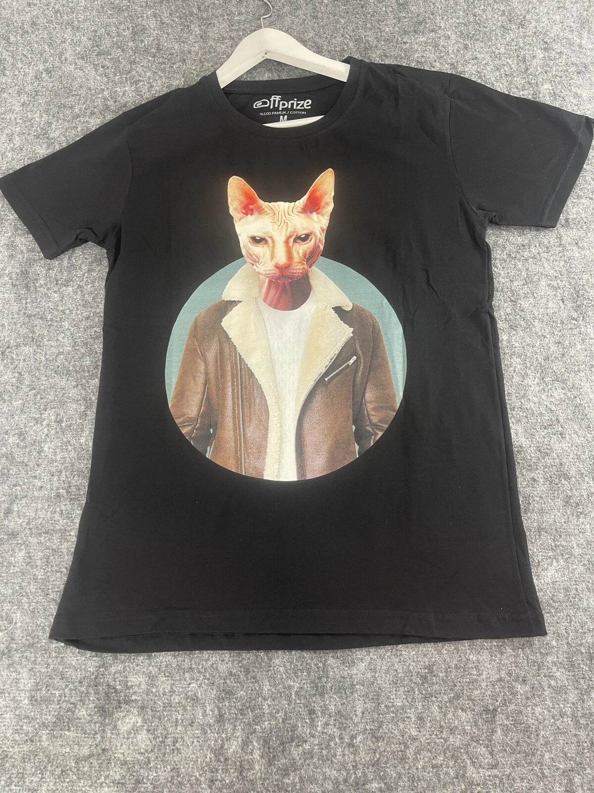 Off Prize Shirt Mens Large Tee Cat Print Black Slim Fit Cartoon Mafia Boss N123
