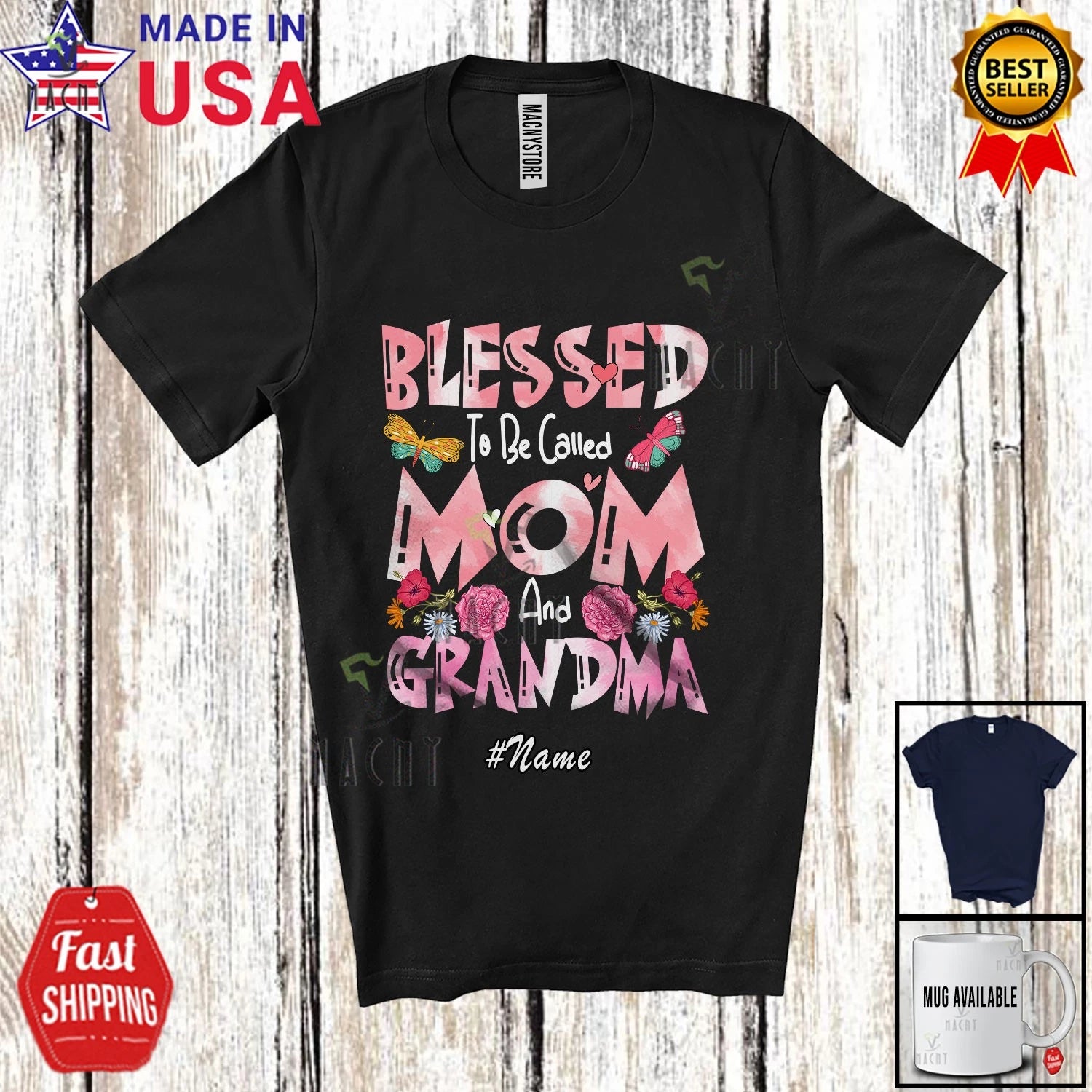 Custom Name Blessed Be Called Mom Grandma; Mother's Day Floral Family T-Shirt
