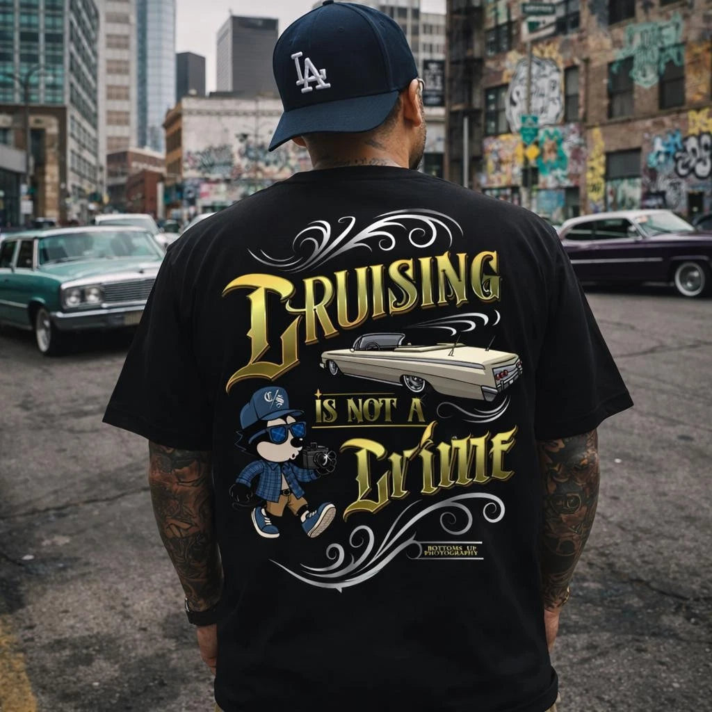 Cruising Is Not a Crime Lowrider Men Black Shirt Chevy Flex the cat hotrod
