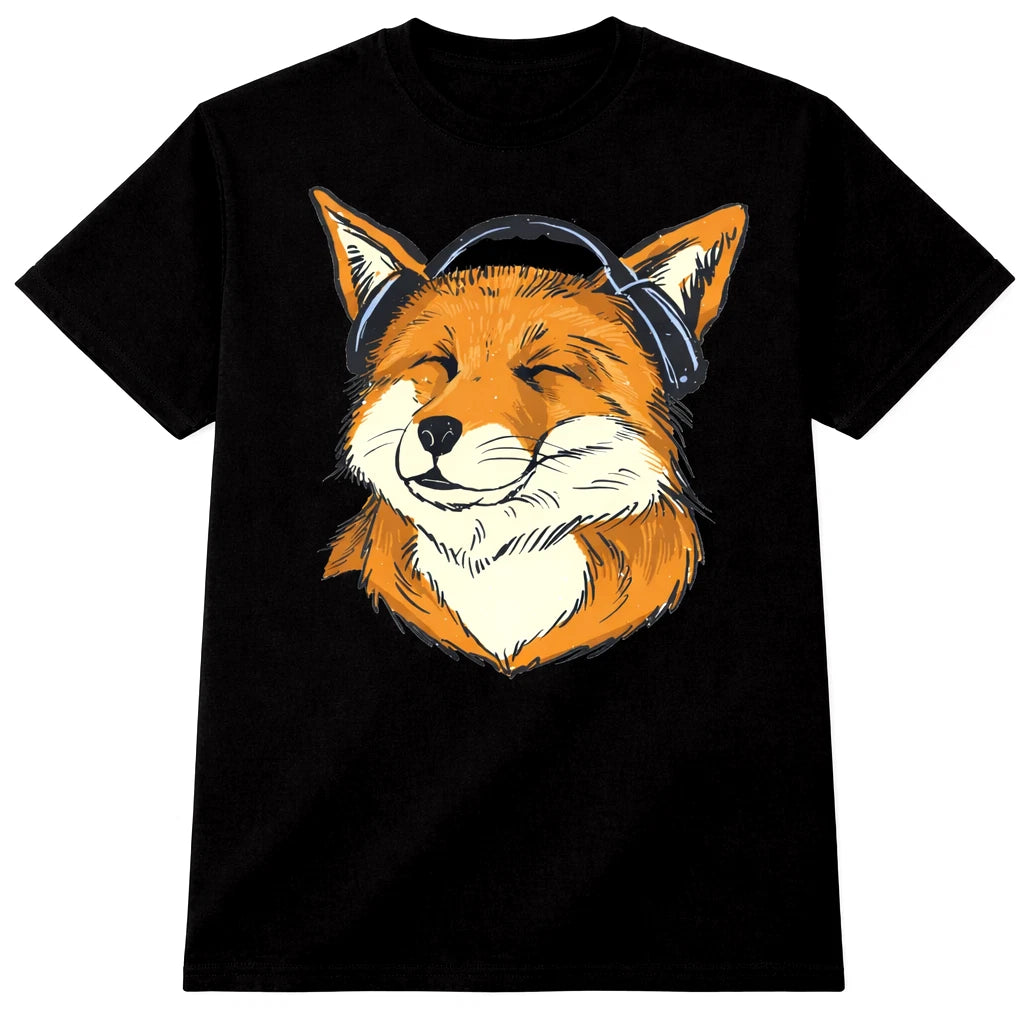 Fox T Shirt Headphones Music Graphic Tee Cute Funny Animal Art Design Top