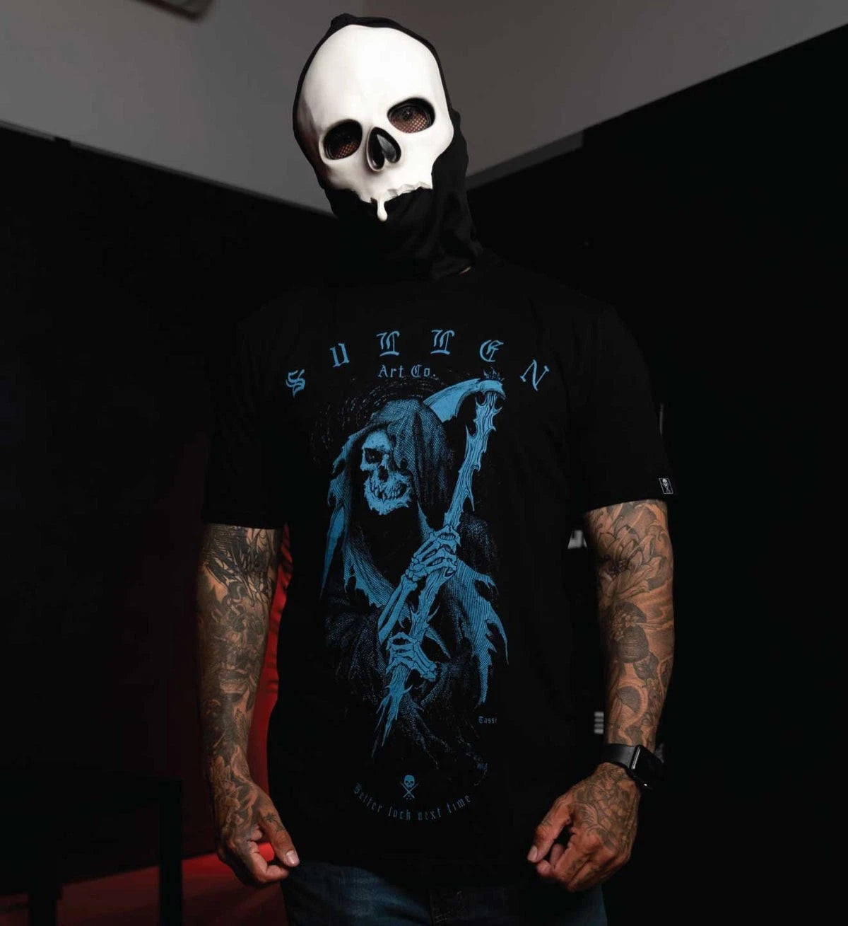 Sullen Tassi Reaper Blue print on a Black Premium T Shirt UK M-3XL UK